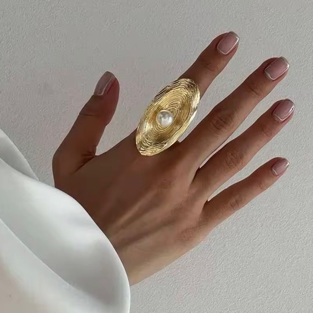 Gold Textured Ring with White Pearl - Women Jewelry